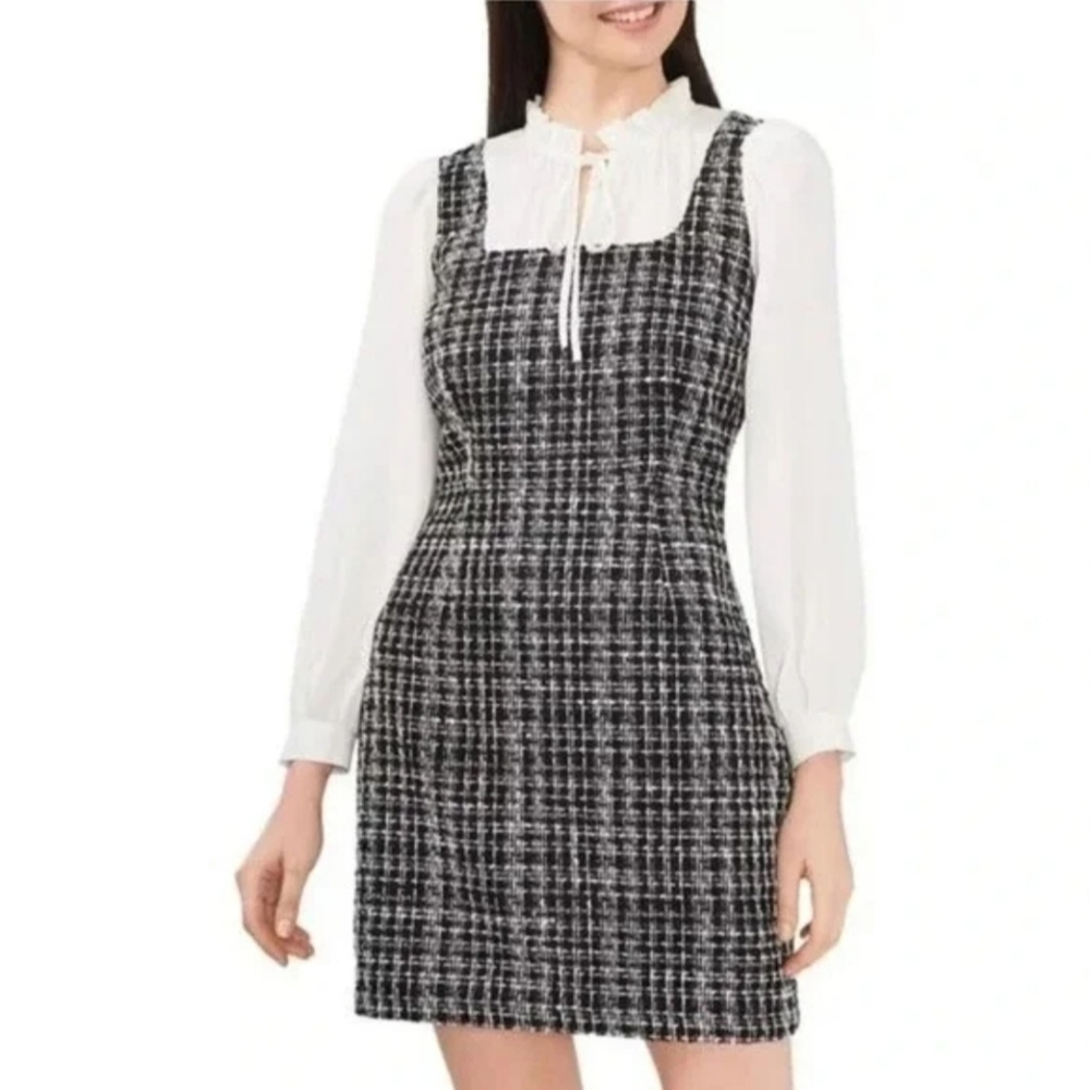 CeCe Mixed Media Blouson Sleeve Academia Style Mini Knit Dress Size Medium